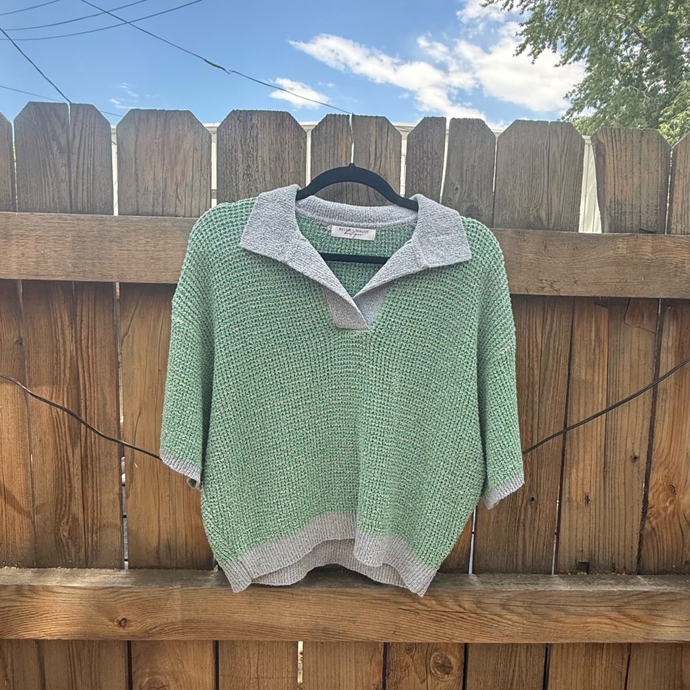 Light Green Knit Cowl-Collar Sweater with pale blue Trim